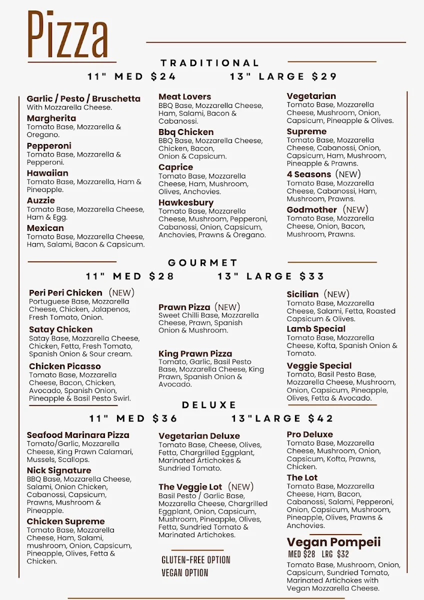 Menu, Townsville Pizzeria Bar & Grill