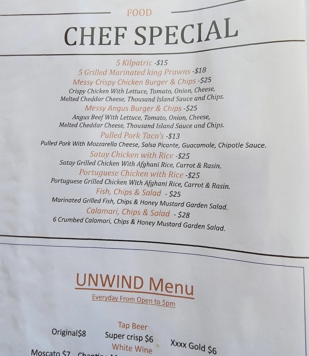 Menu, Townsville Pizzeria Bar & Grill