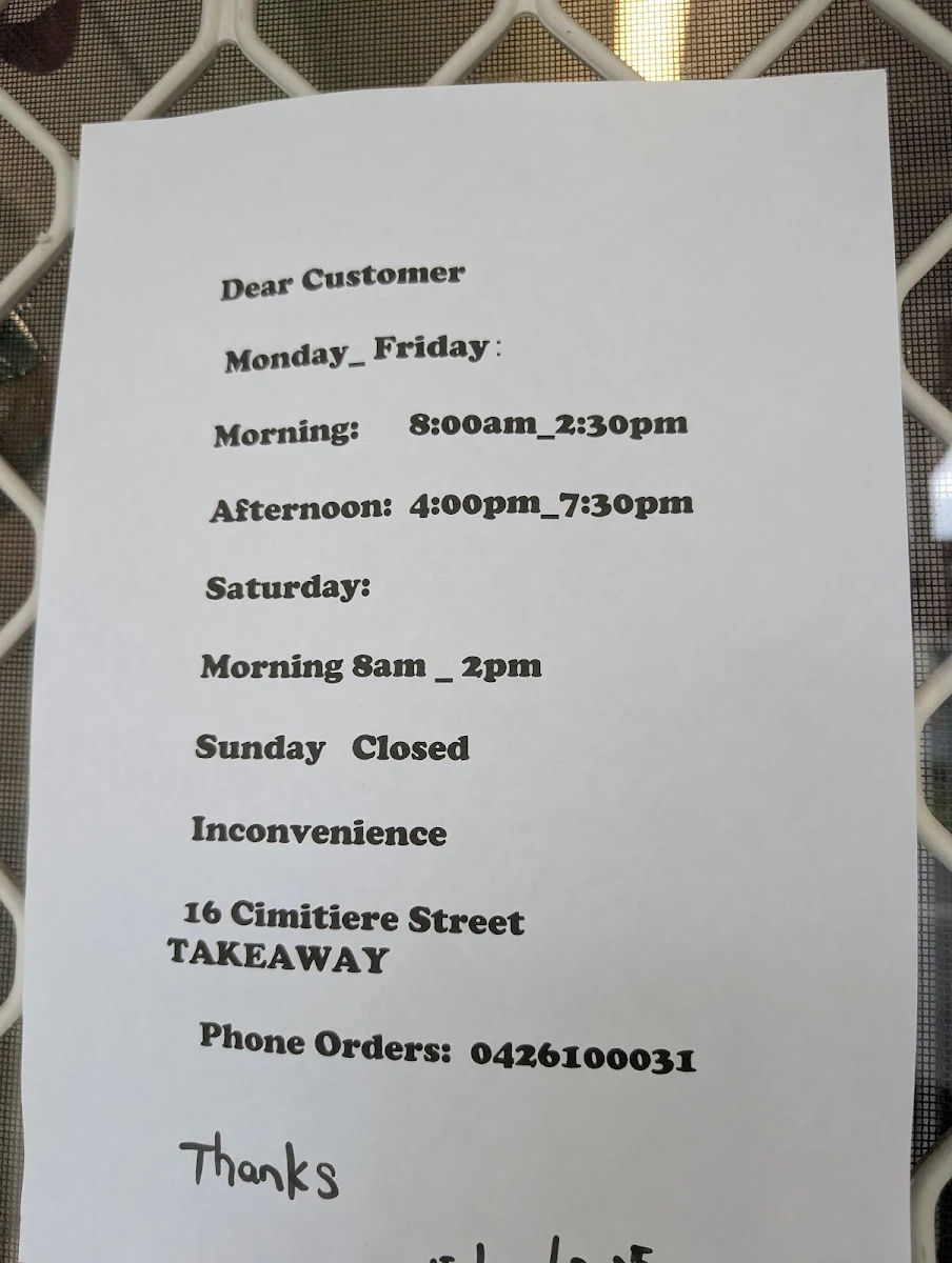 Menu, Cimitiere st takeaway