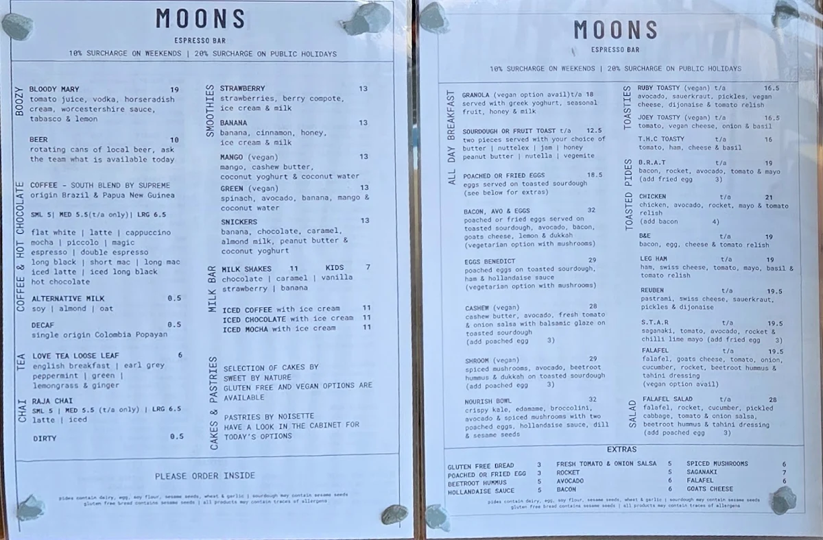 Menu, Moons Licensed Espresso Bar