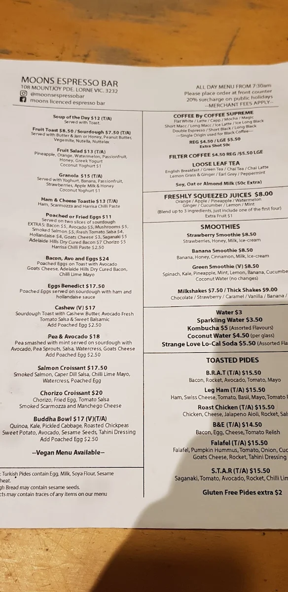Menu, Moons Licensed Espresso Bar