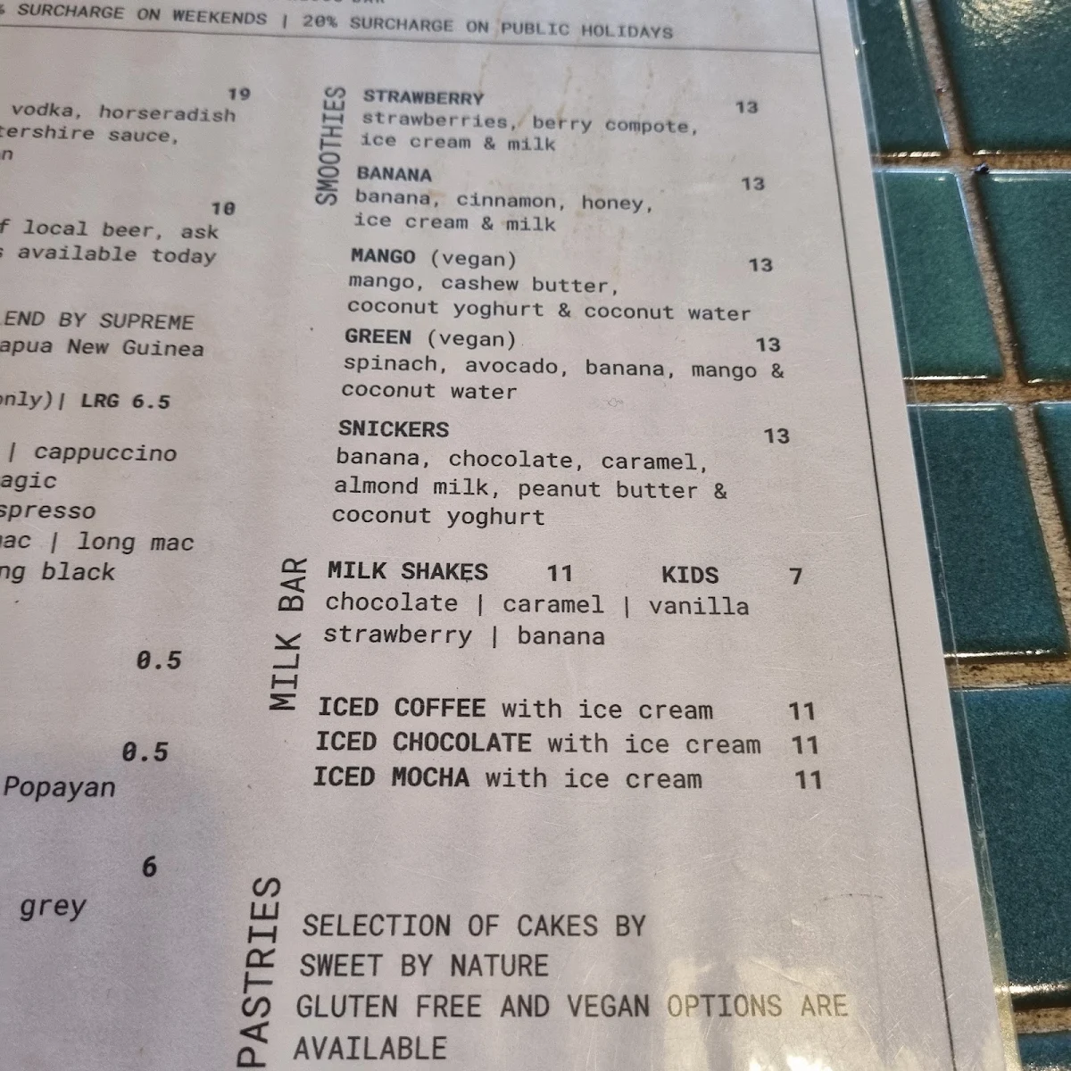Menu, Moons Licensed Espresso Bar