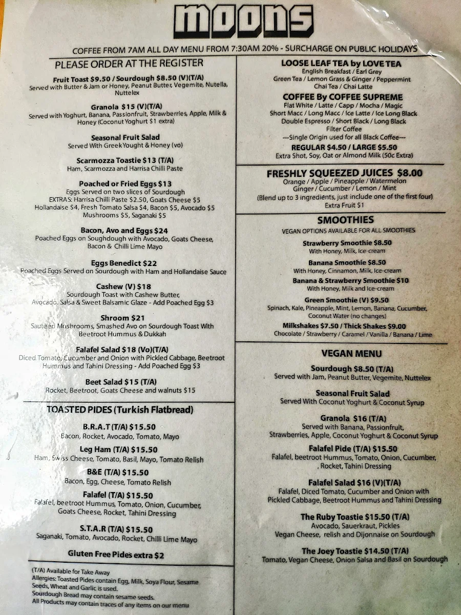 Menu, Moons Licensed Espresso Bar