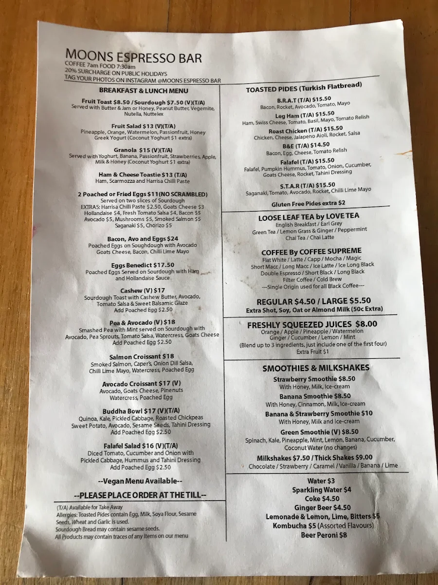 Menu, Moons Licensed Espresso Bar