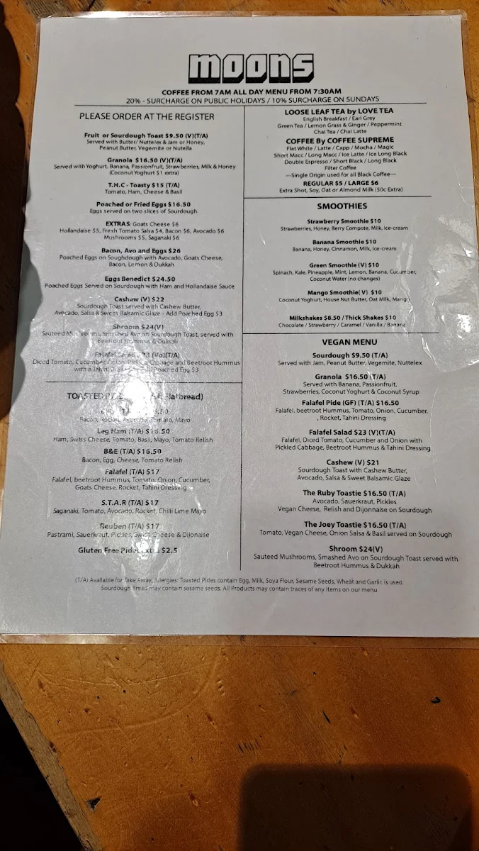 Menu, Moons Licensed Espresso Bar