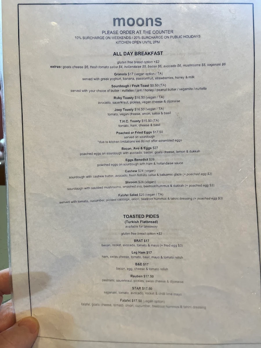 Menu, Moons Licensed Espresso Bar