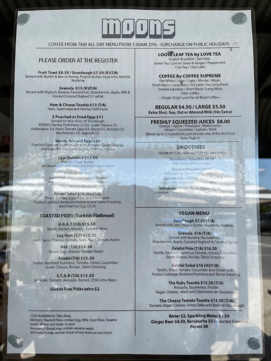 Menu, Moons Licensed Espresso Bar