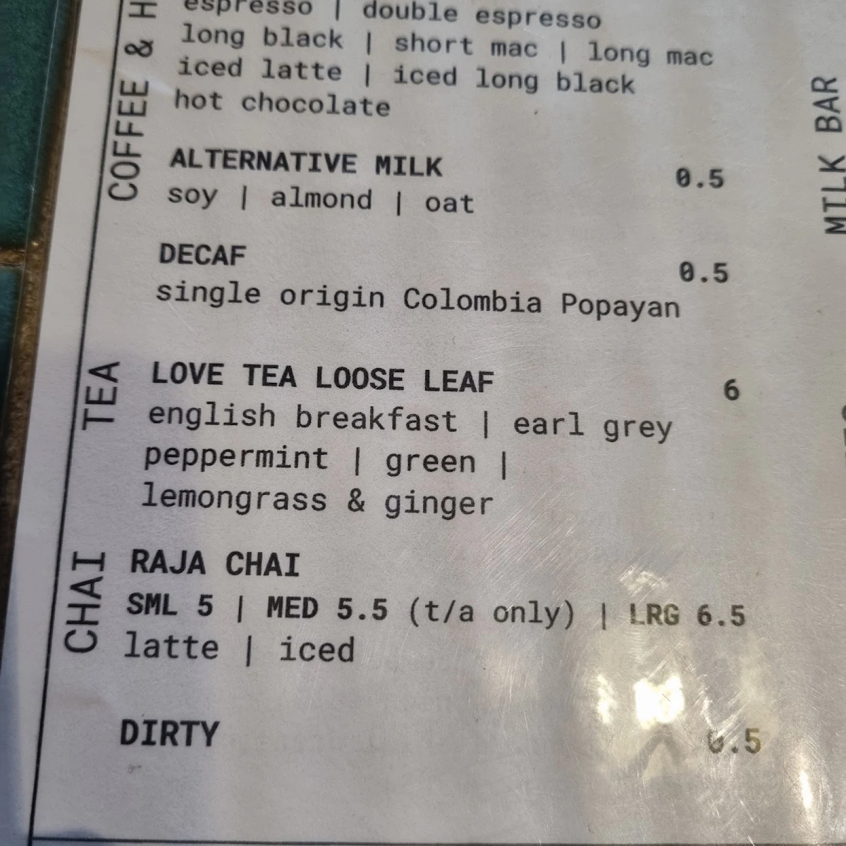 Menu, Moons Licensed Espresso Bar