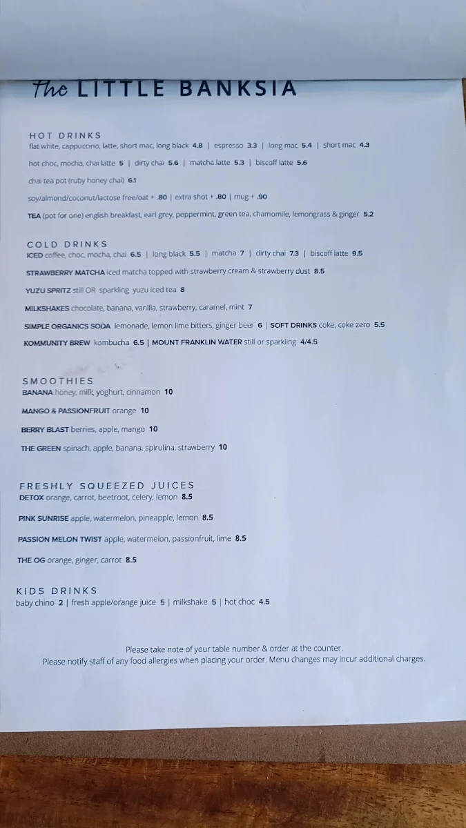 Menu, The Little Banksia