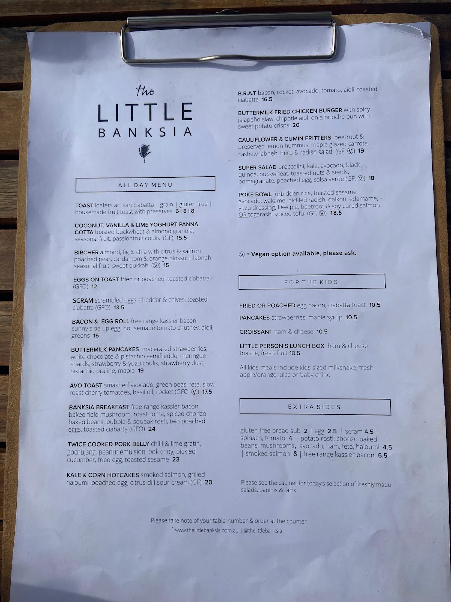 Menu, The Little Banksia