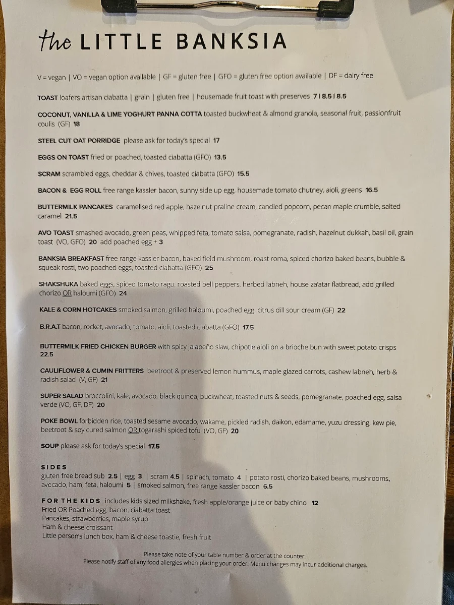 Menu, The Little Banksia