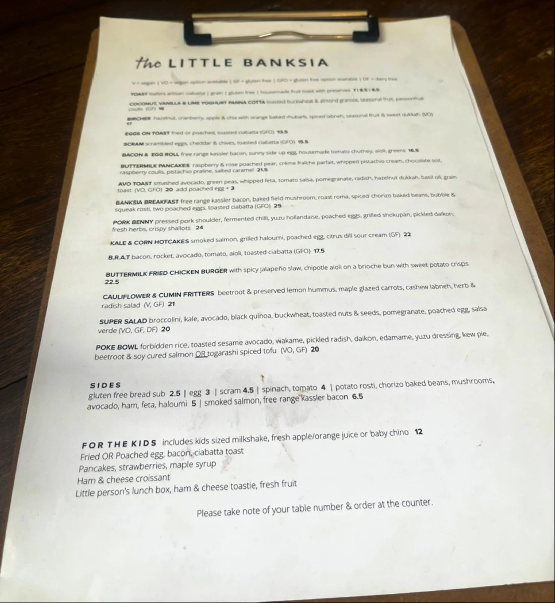 Menu, The Little Banksia