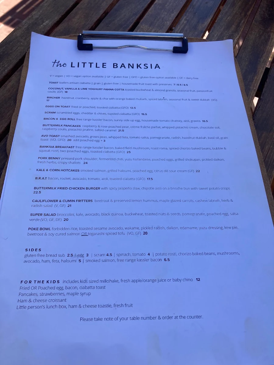 Menu, The Little Banksia