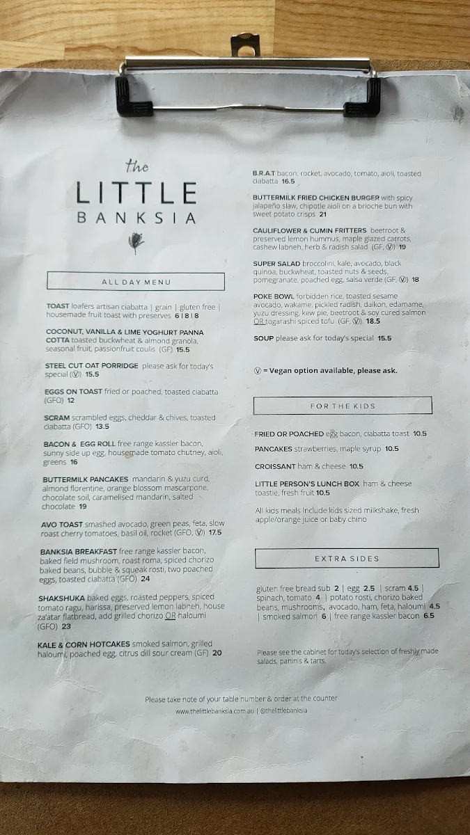 Menu, The Little Banksia