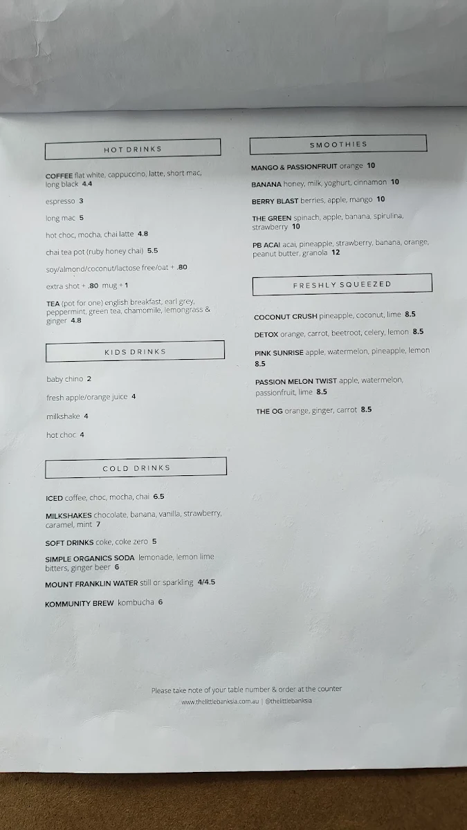 Menu, The Little Banksia