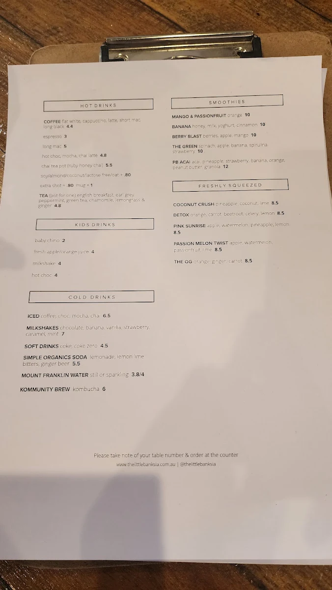 Menu, The Little Banksia