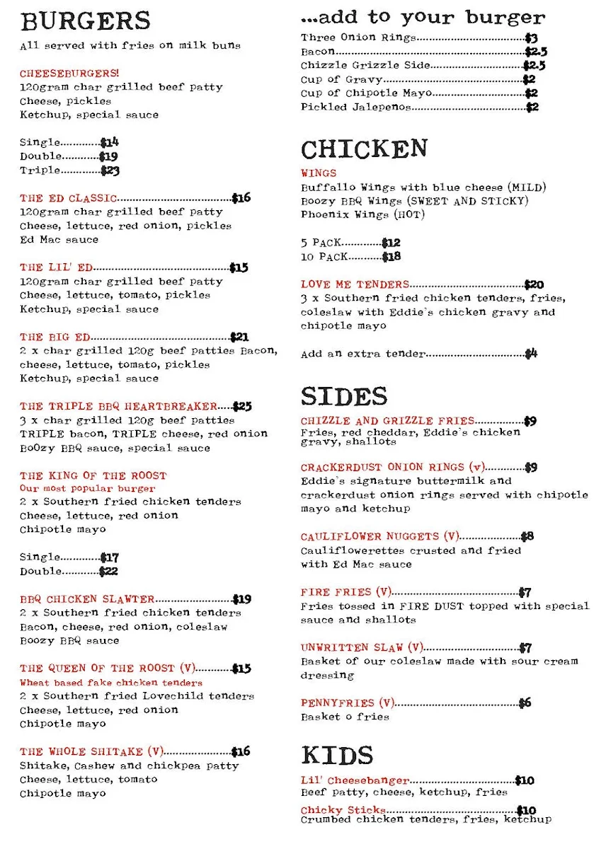 Menu, Eddie's Grub House