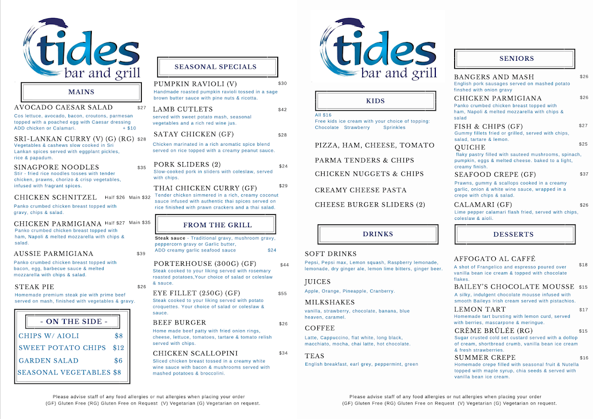 Menu, Tides Bar and Grill