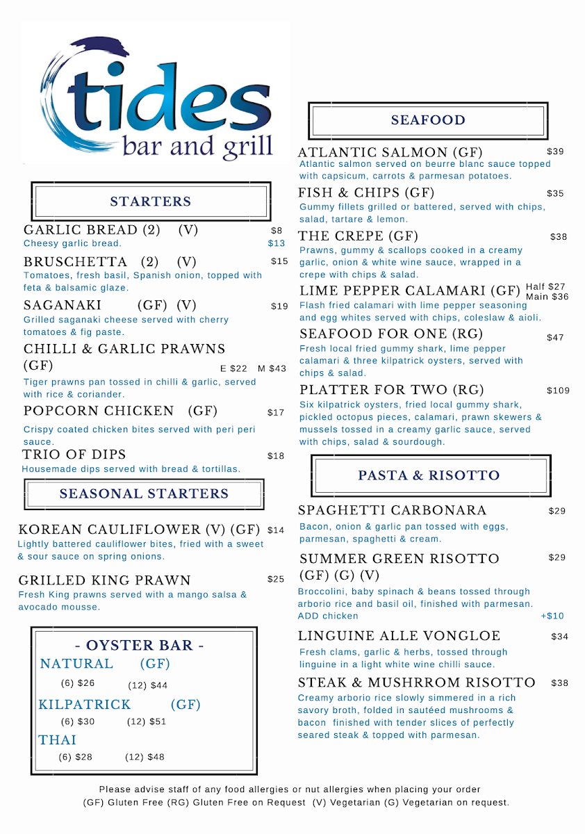 Menu, Tides Bar and Grill