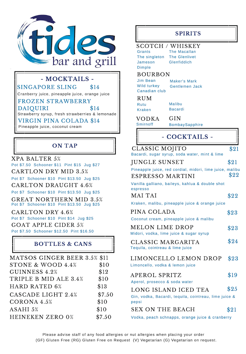 Menu, Tides Bar and Grill