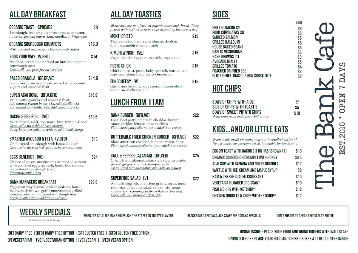 Menu, The Bank Cafe & Espresso