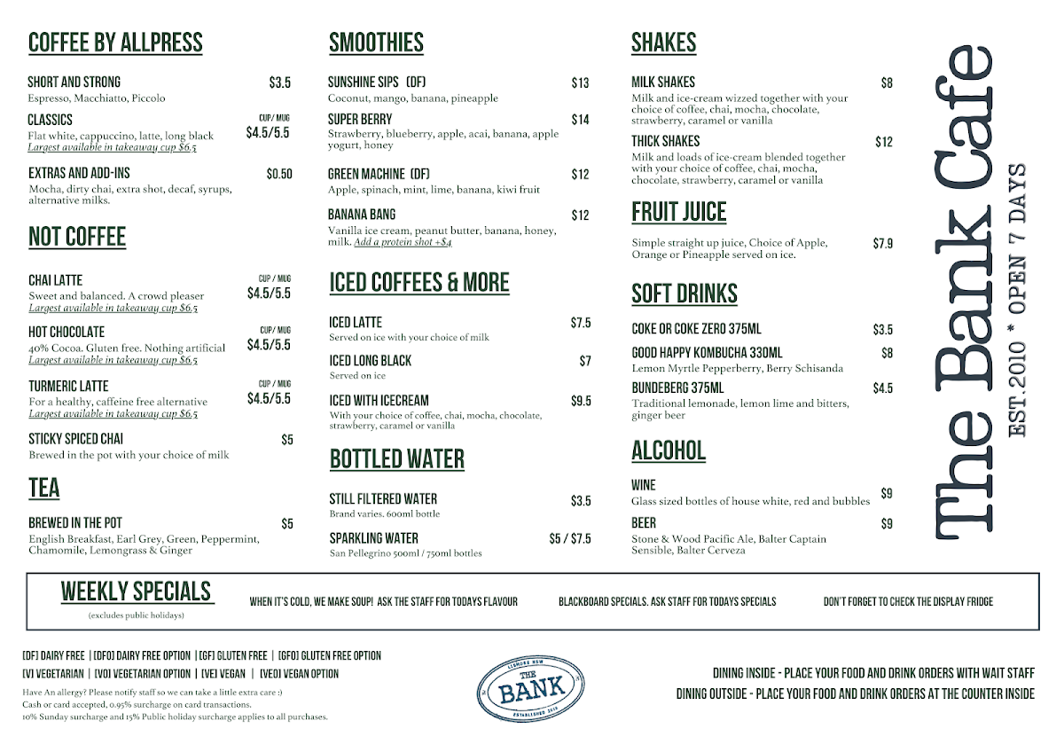 Menu, The Bank Cafe & Espresso