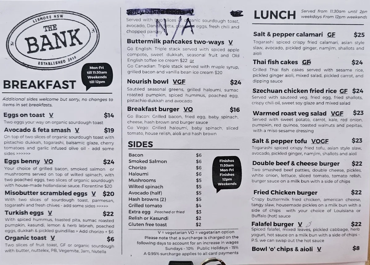 Menu, The Bank Cafe & Espresso
