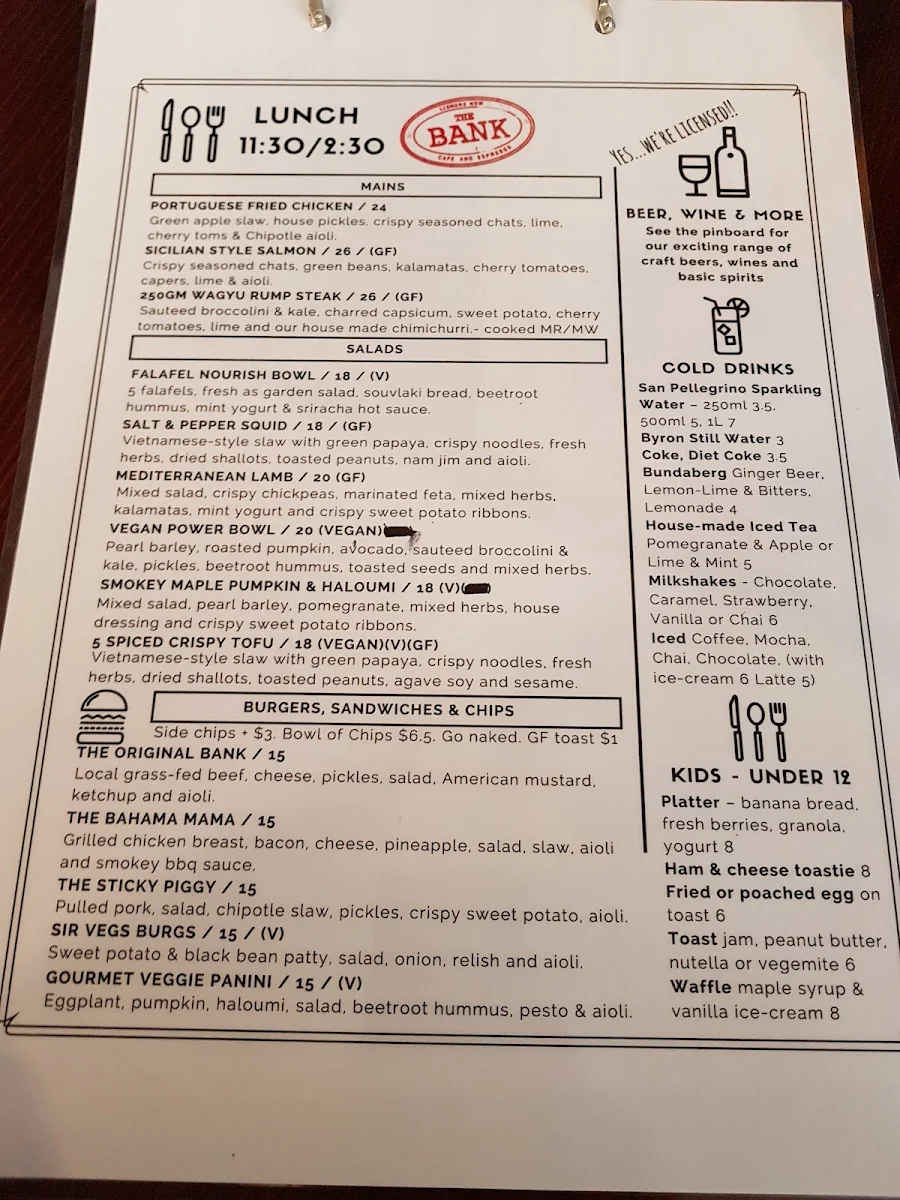 Menu, The Bank Cafe & Espresso