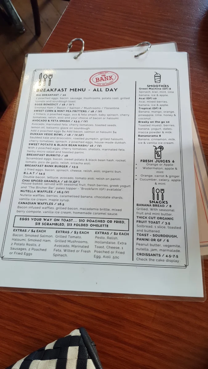 Menu, The Bank Cafe & Espresso