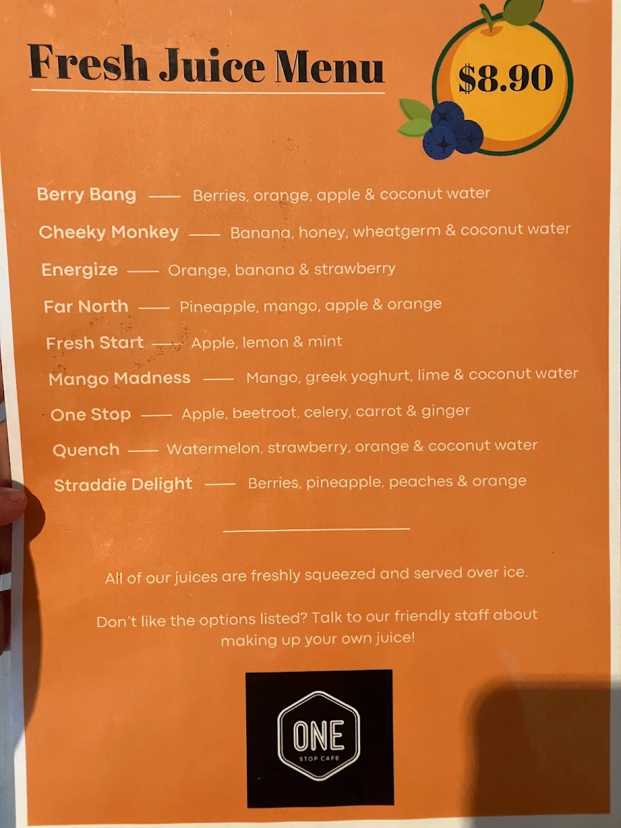 Menu, One Stop Cafe
