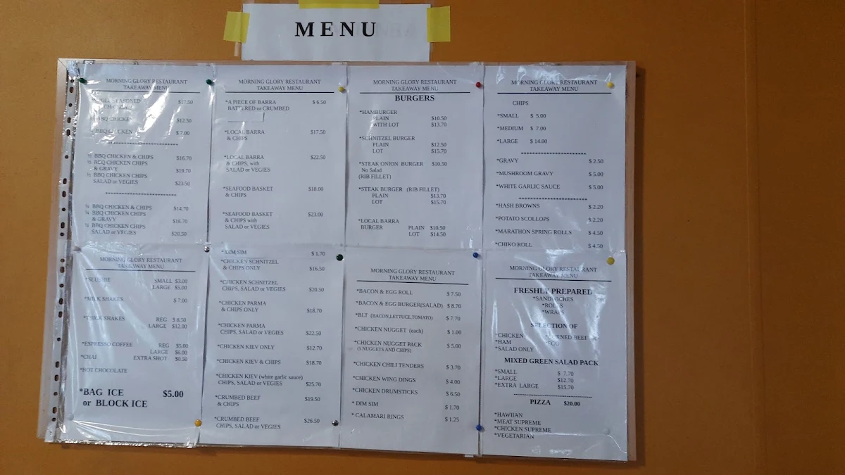 Menu, Morning Glory Licensed Restaurant Cafe and Takeaway
