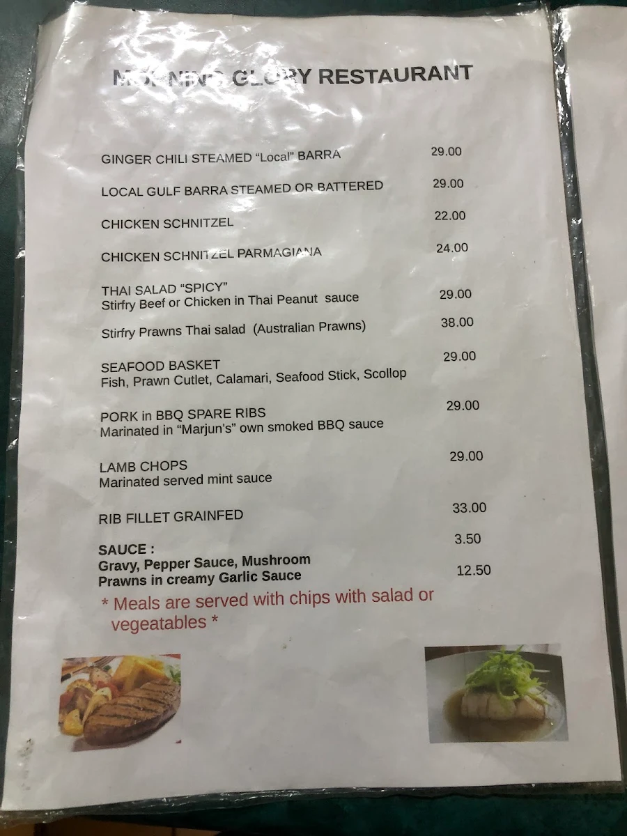 Menu, Morning Glory Licensed Restaurant Cafe and Takeaway