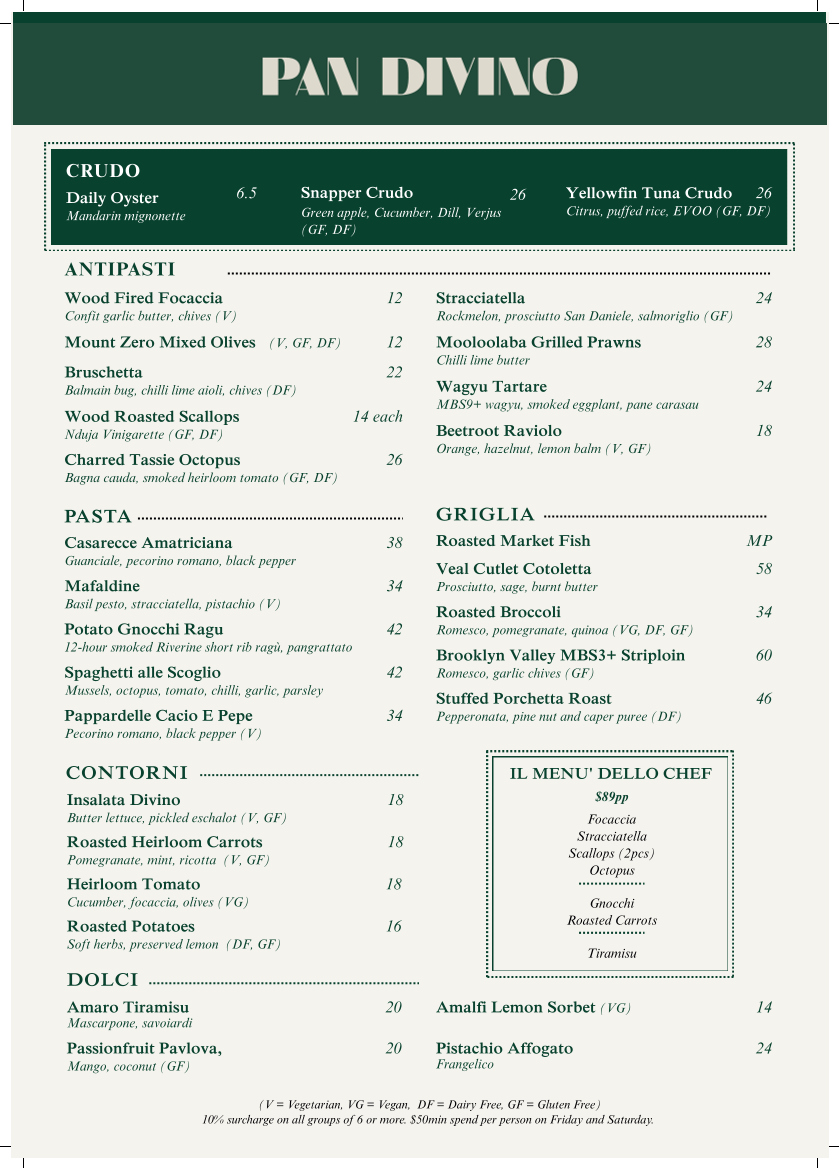 Menu, Pan Divino