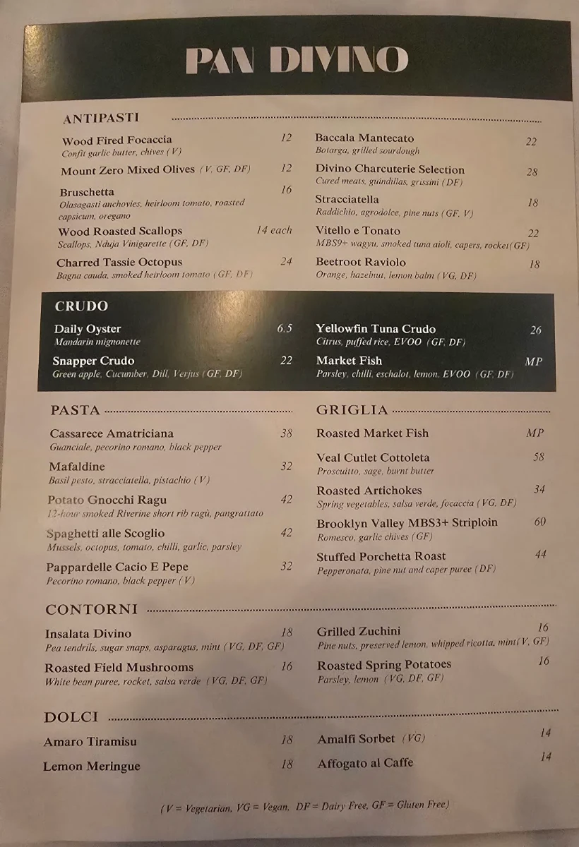 Menu, Pan Divino