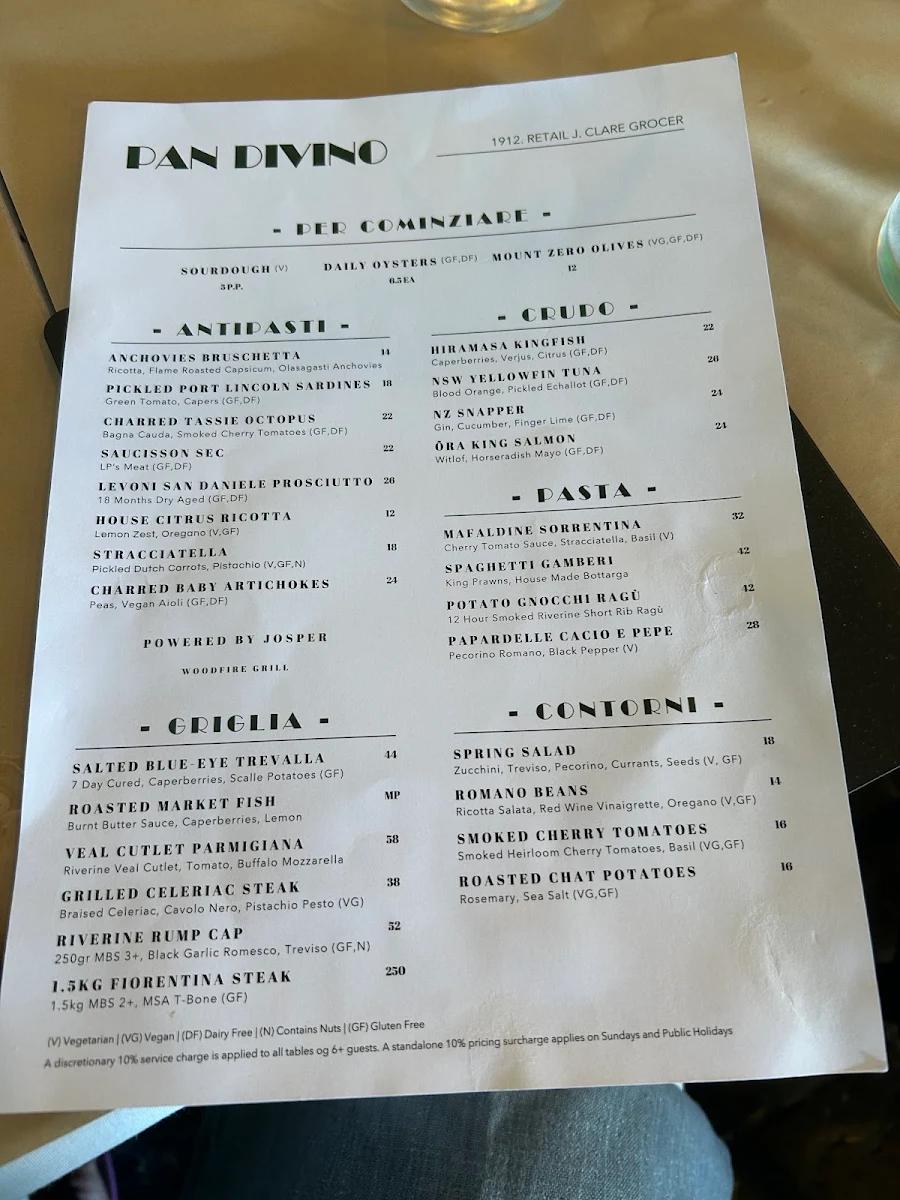 Menu, Pan Divino