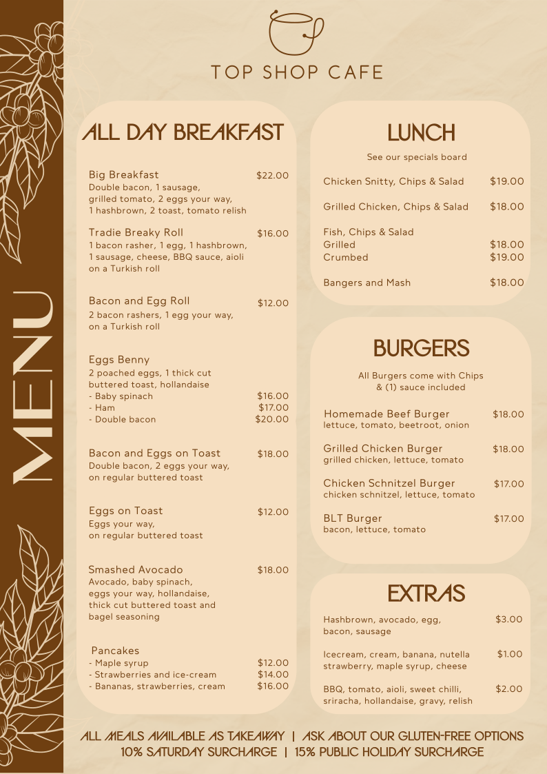 Menu, Top Shop Cafe Kelso