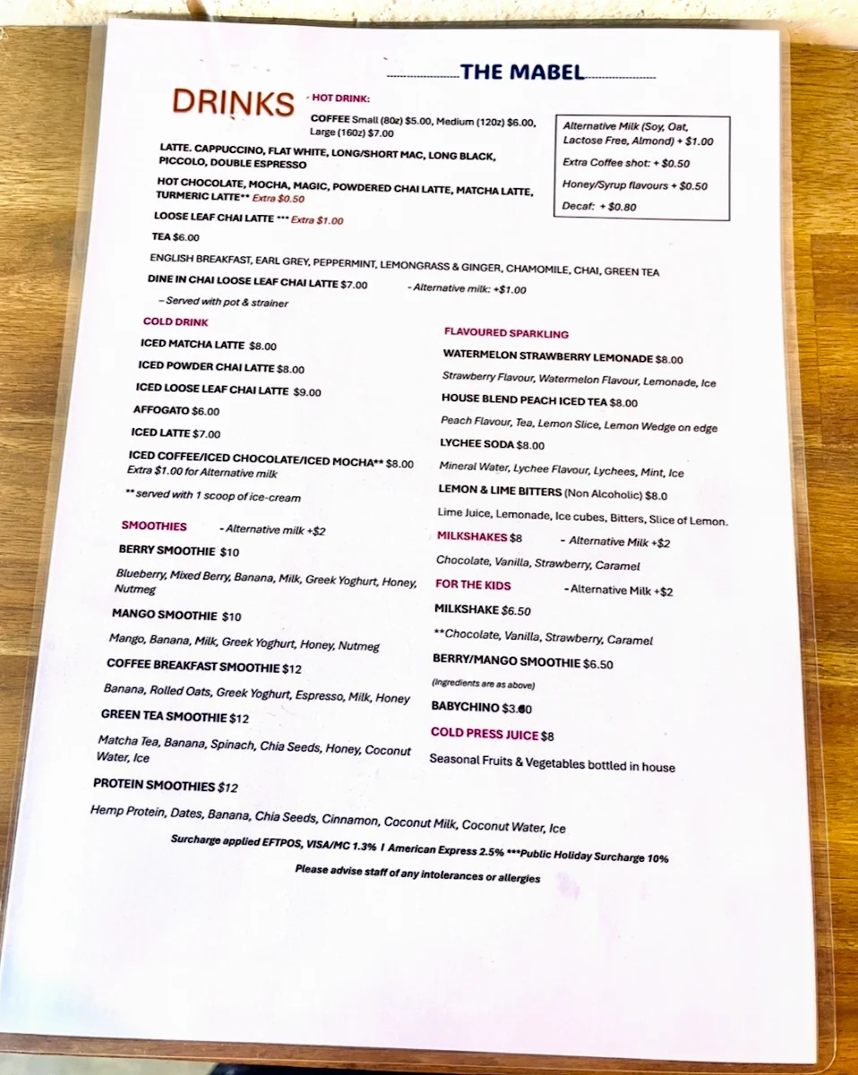 Menu, The Mabel