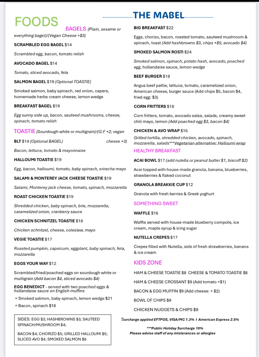 Menu, The Mabel