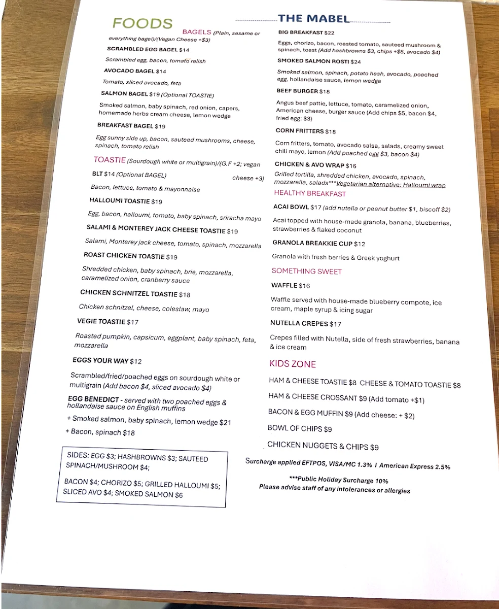 Menu, The Mabel
