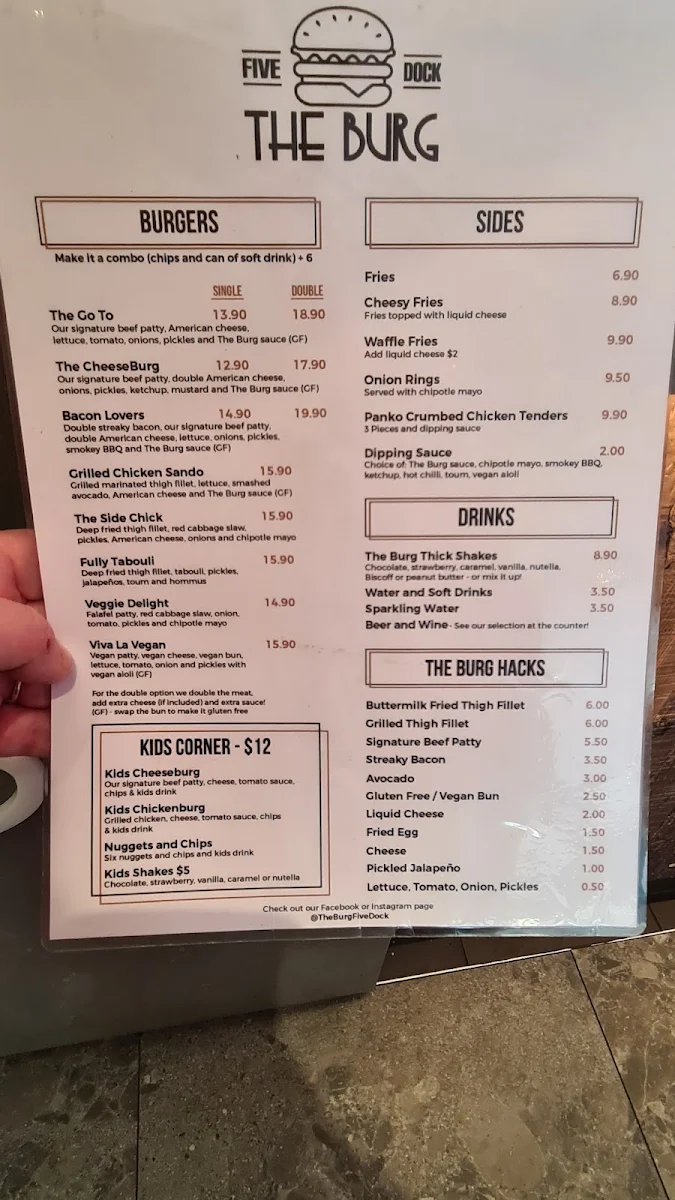 Menu, The Burg Five Dock