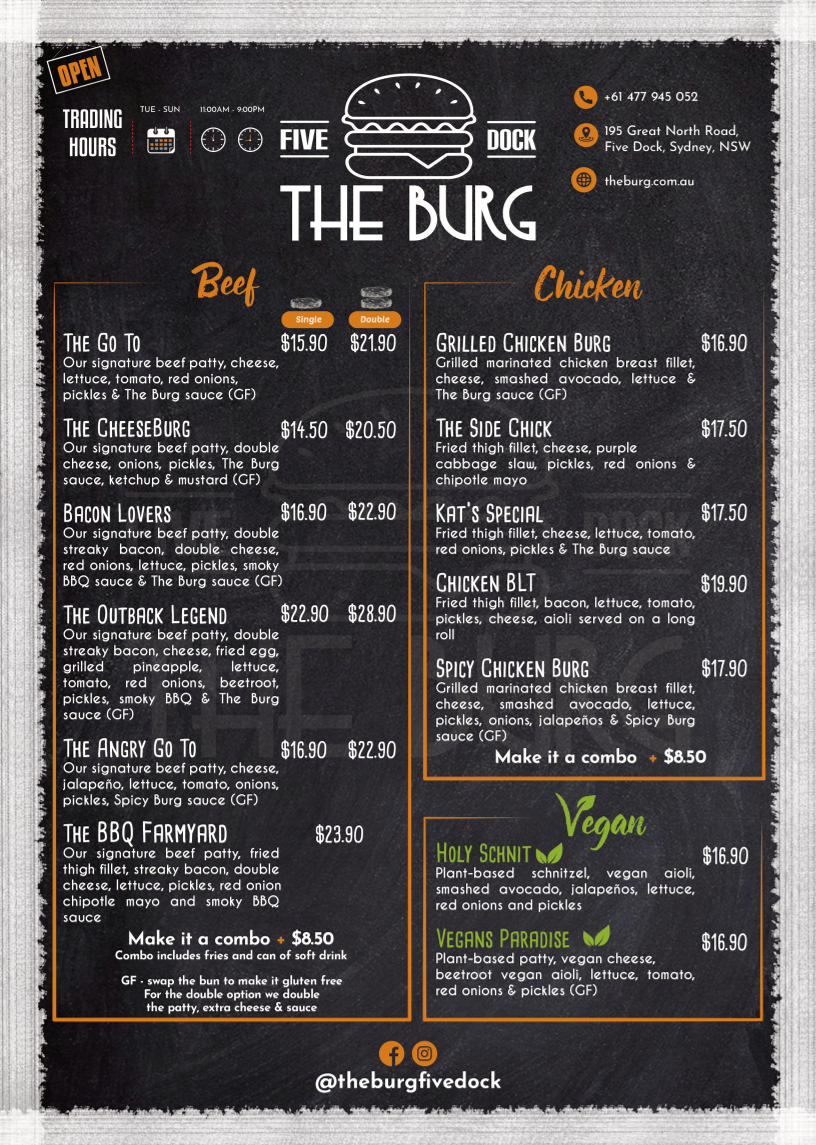 Menu, The Burg Five Dock