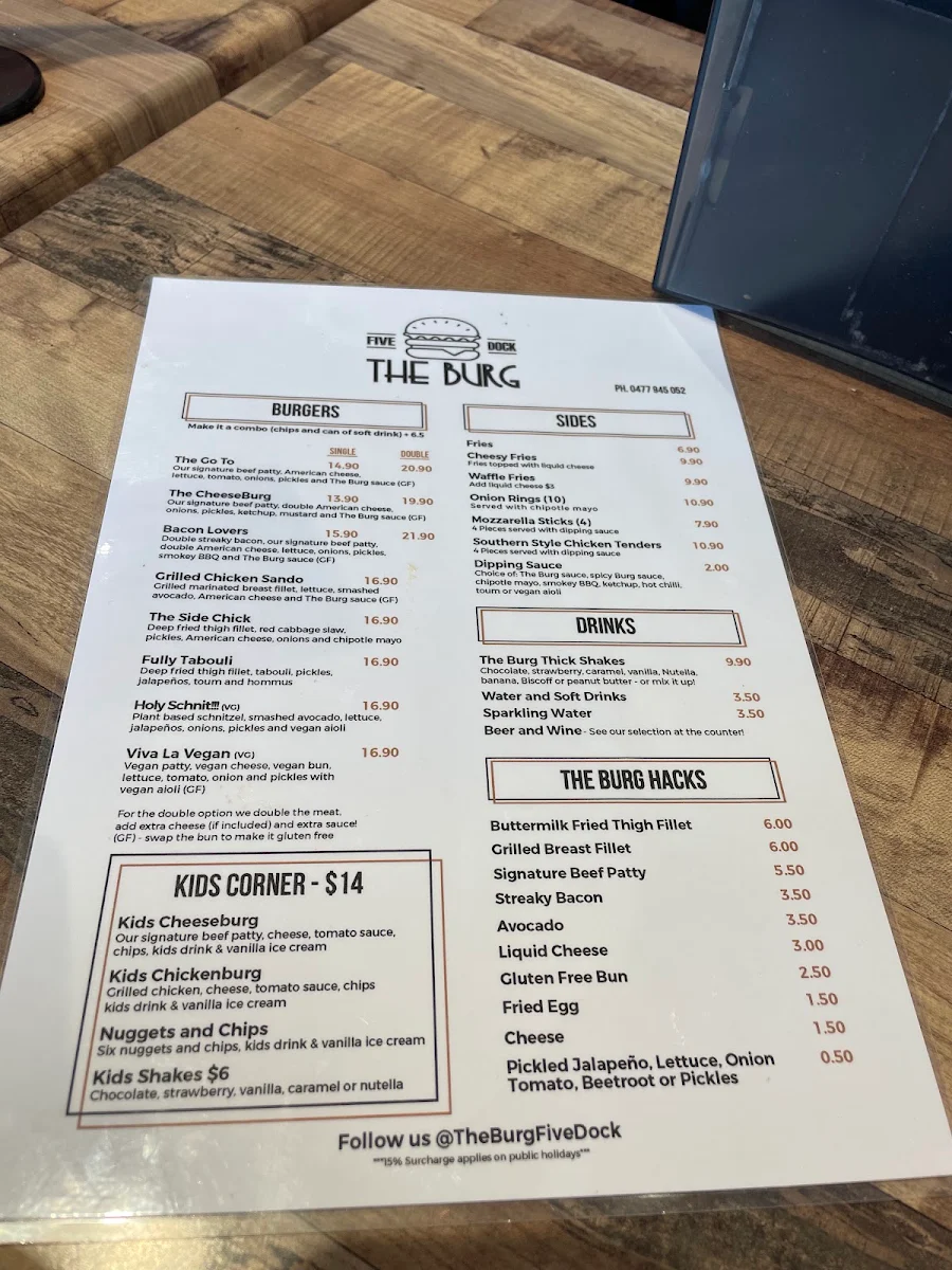 Menu, The Burg Five Dock