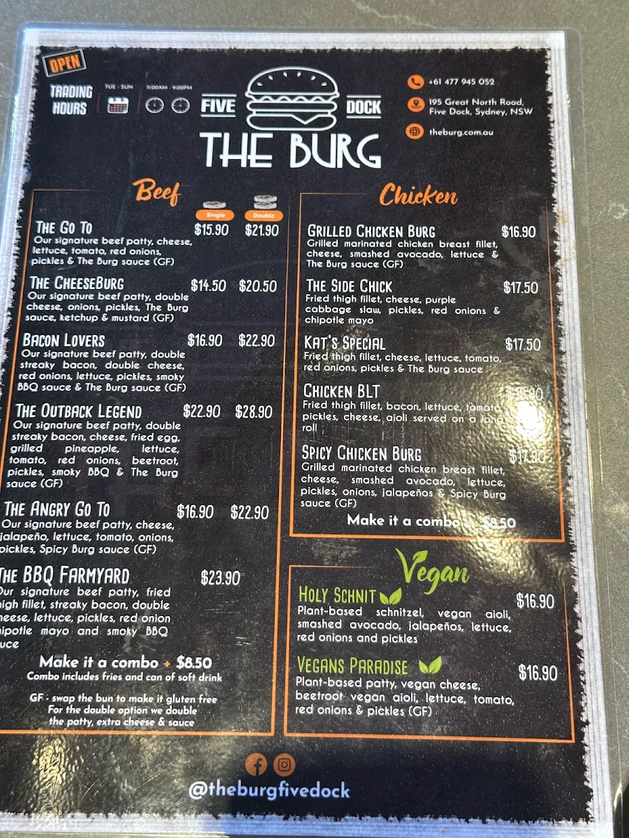 Menu, The Burg Five Dock