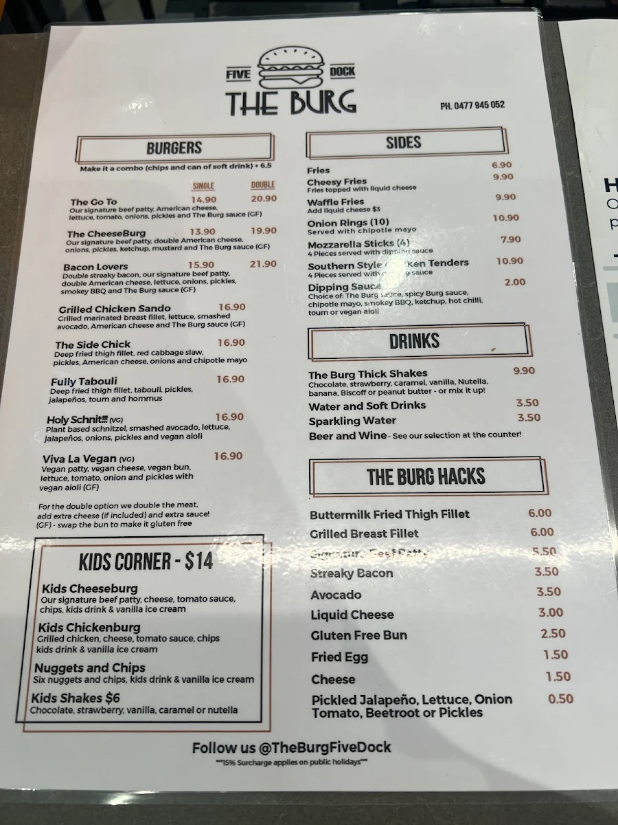 Menu, The Burg Five Dock