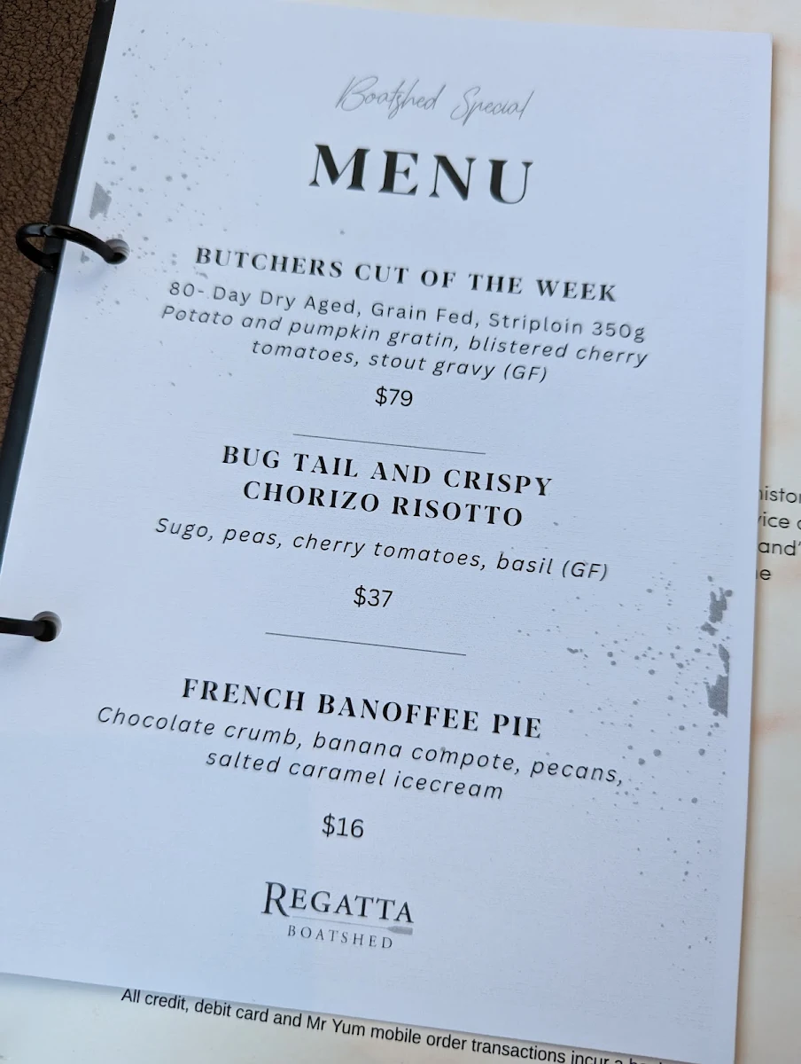 Menu, The Boatshed Restaurant