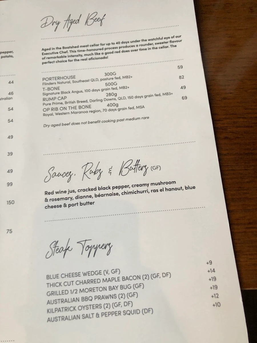 Menu, The Boatshed Restaurant