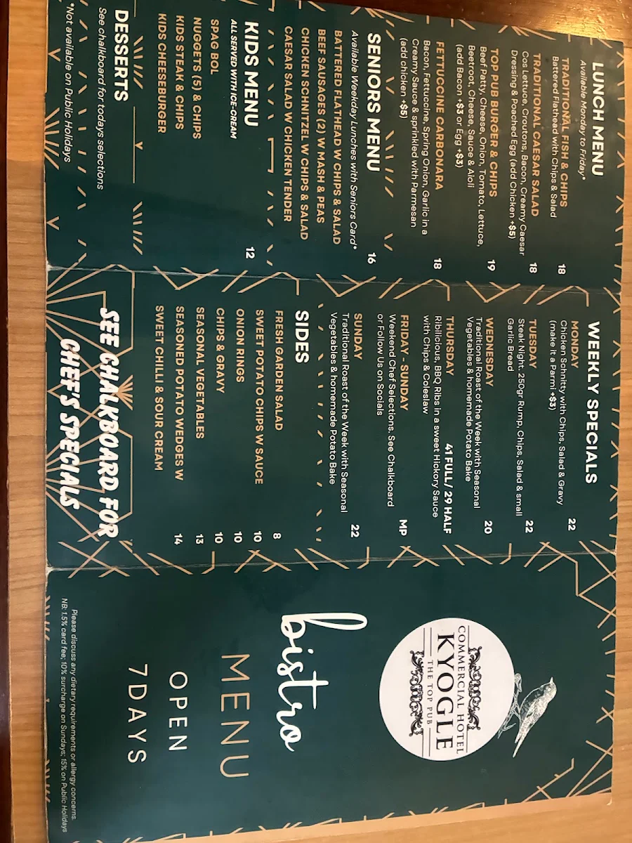 Menu, Commercial Hotel