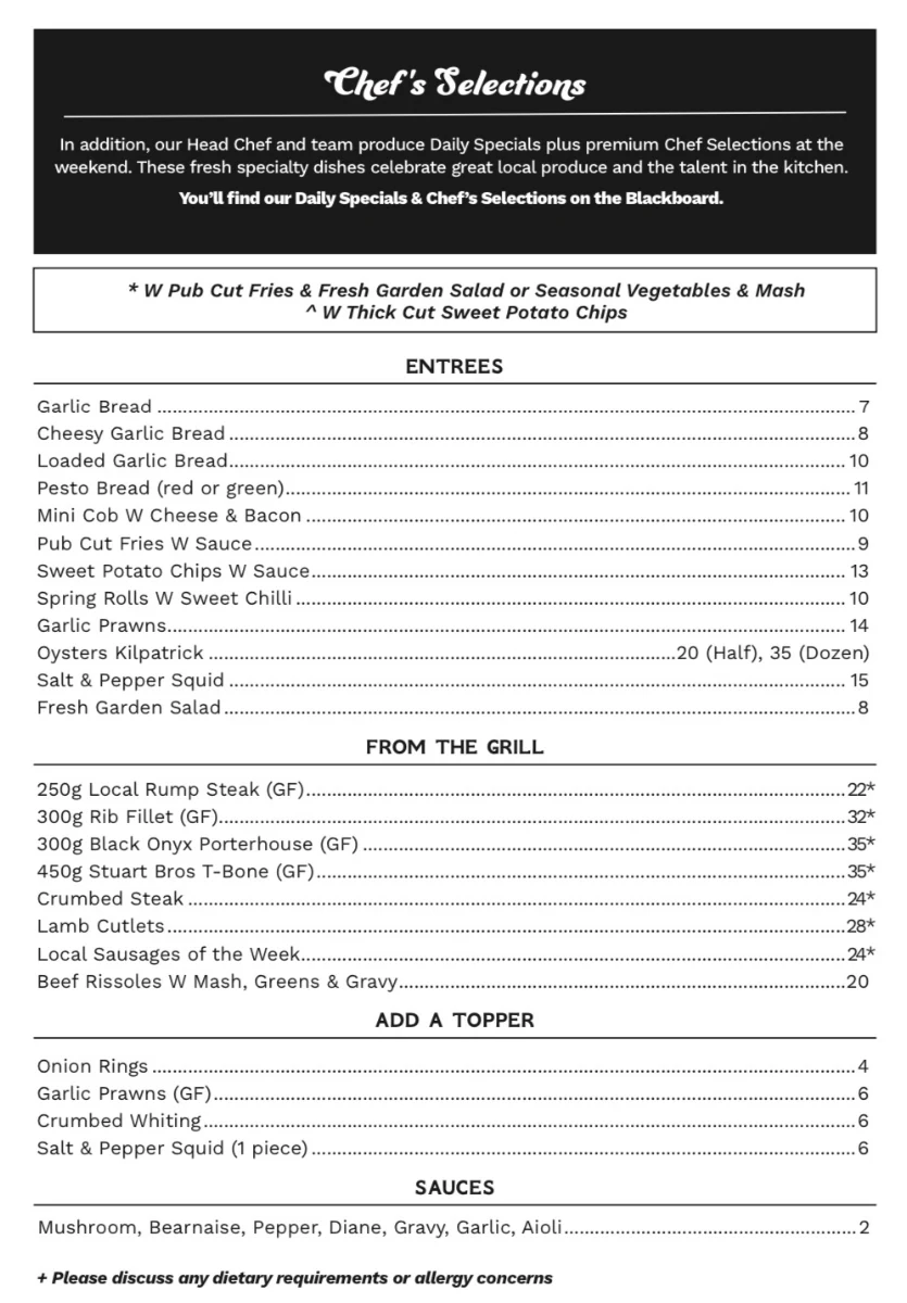 Menu, Commercial Hotel