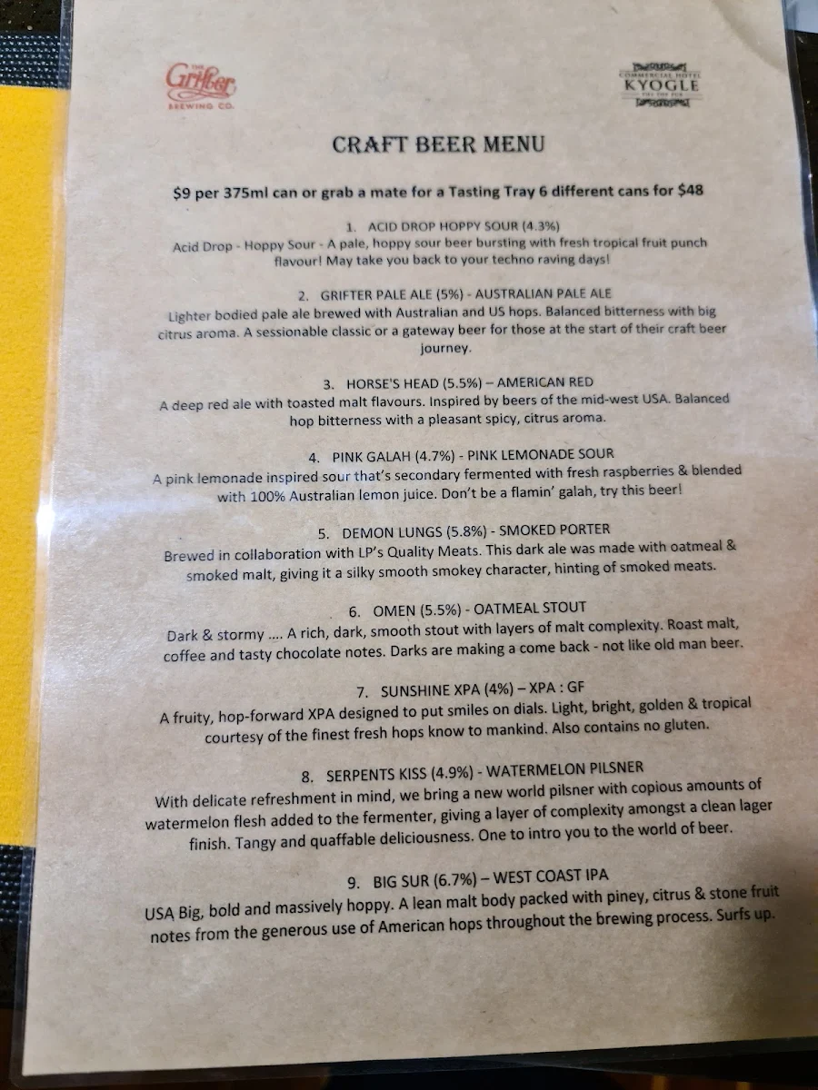 Menu, Commercial Hotel