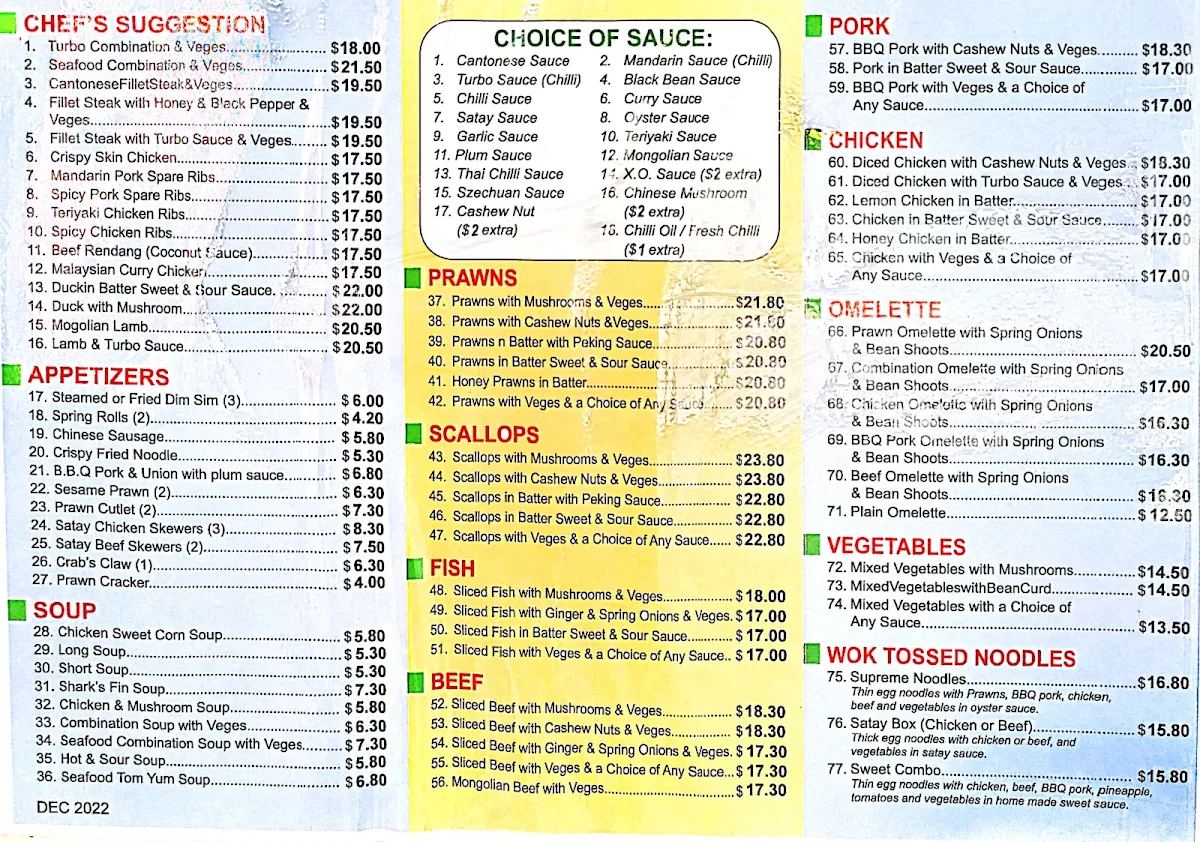 Menu, Turbo Asian Food